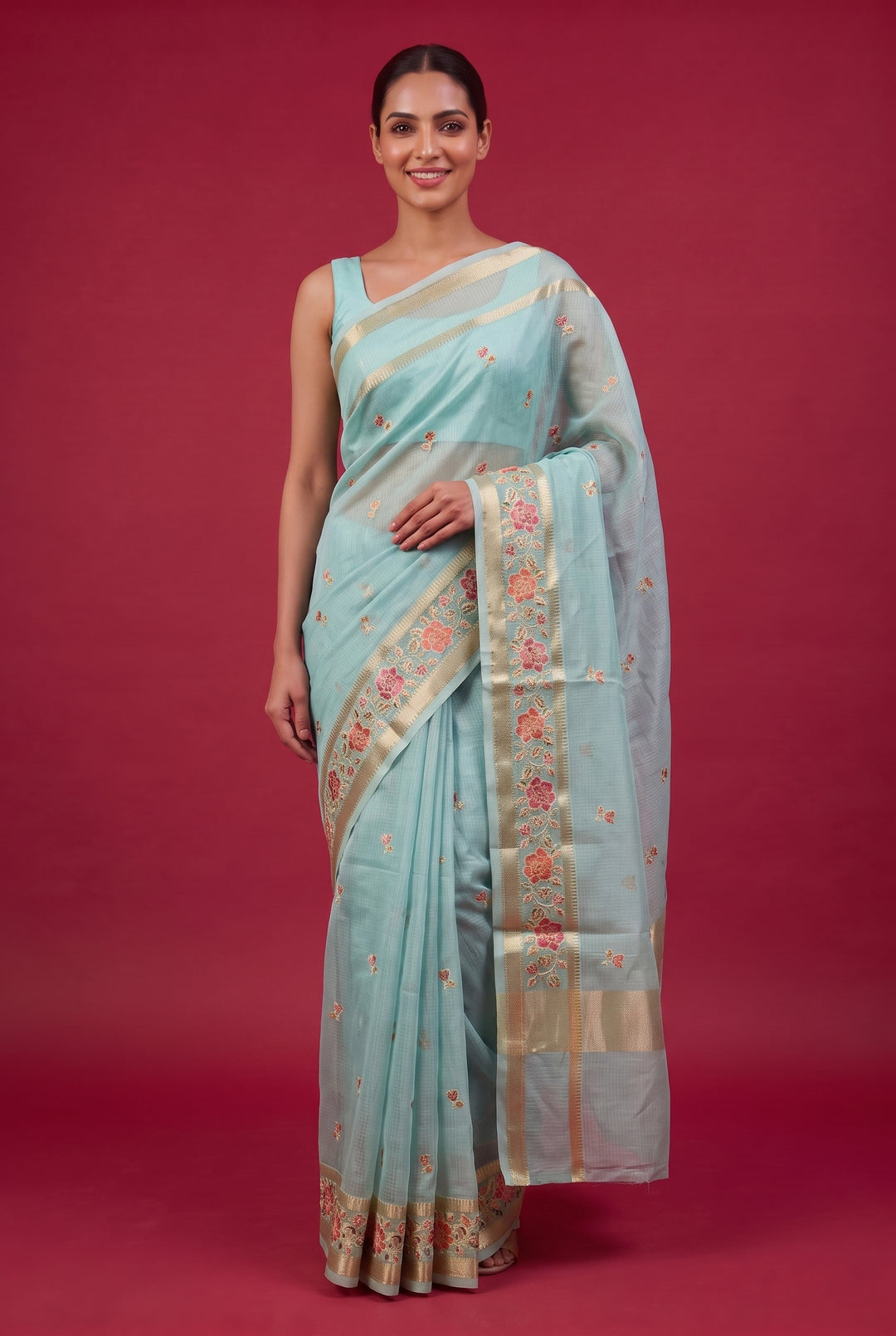Seafoam Green Kota Doria Saree