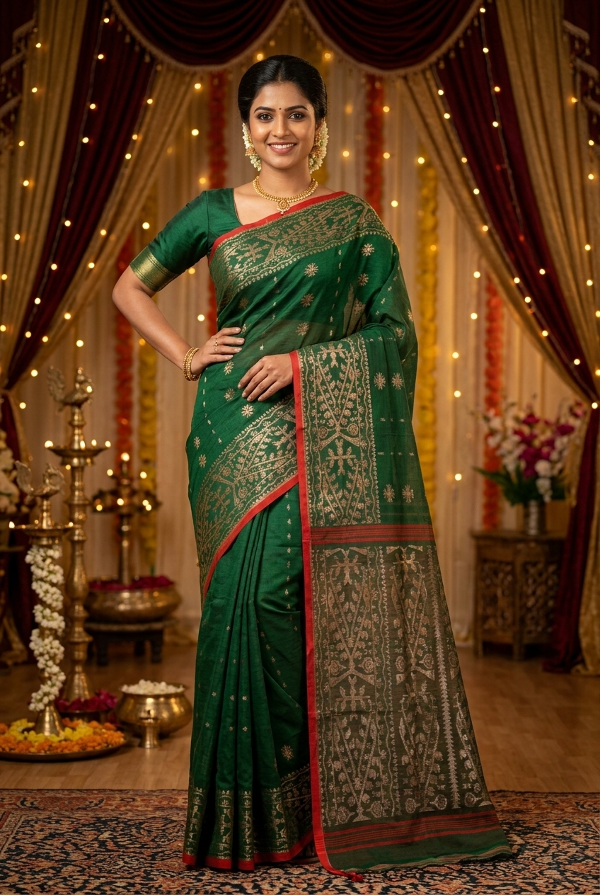 Bottle Green Dhakai Cotton Silk Saree