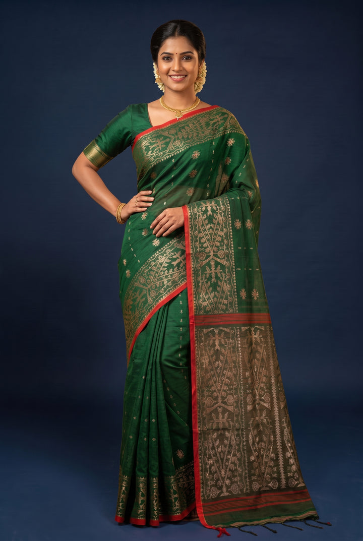Bottle Green Jamdani Cotton Silk Saree