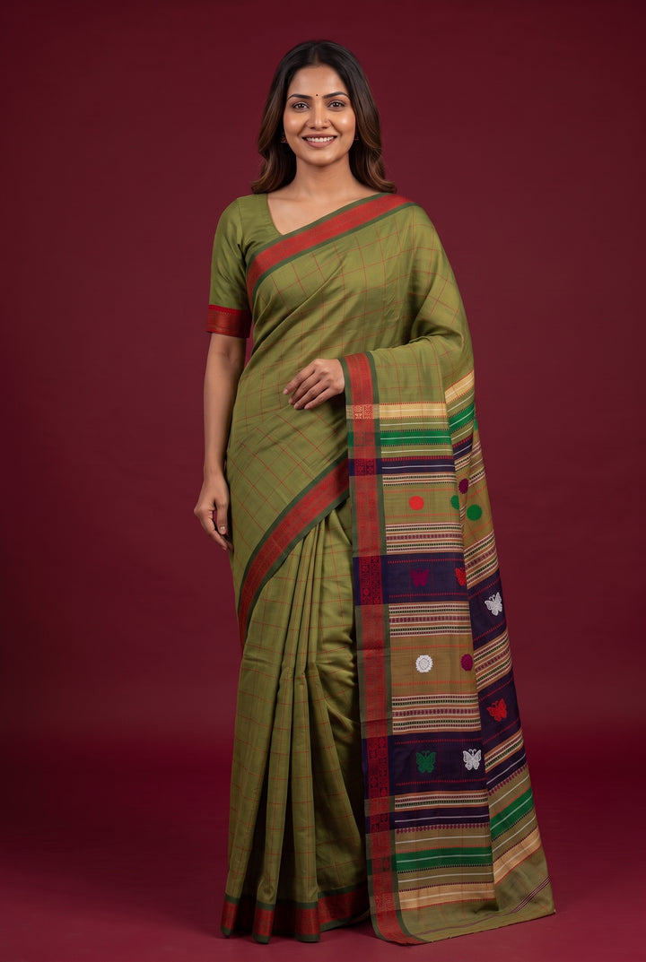 Sage Green Checks Cotton Silk Saree