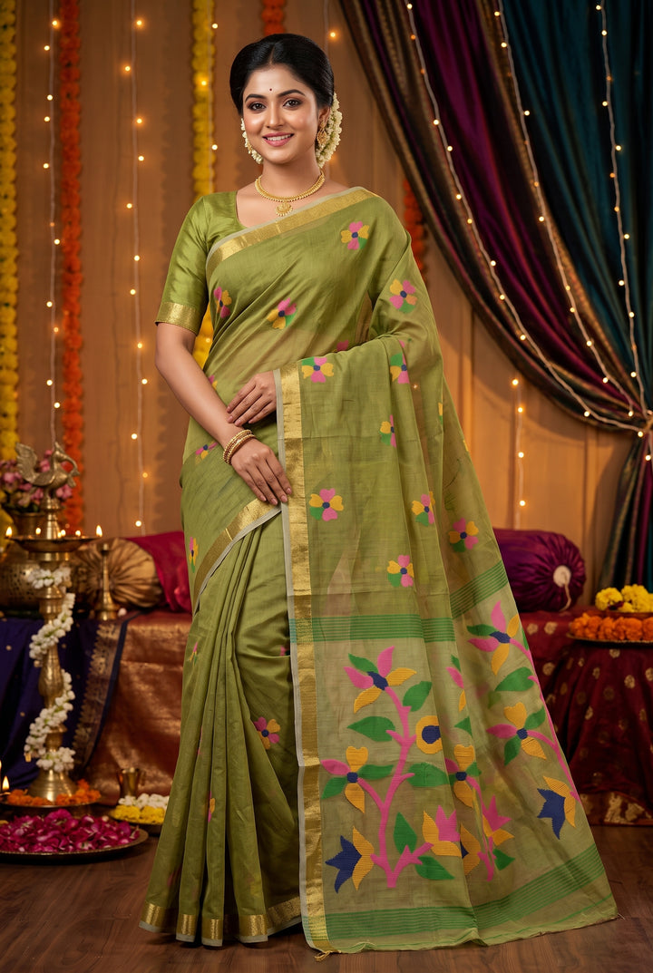 Olive Green Cotton Silk Hand Dhakai Saree