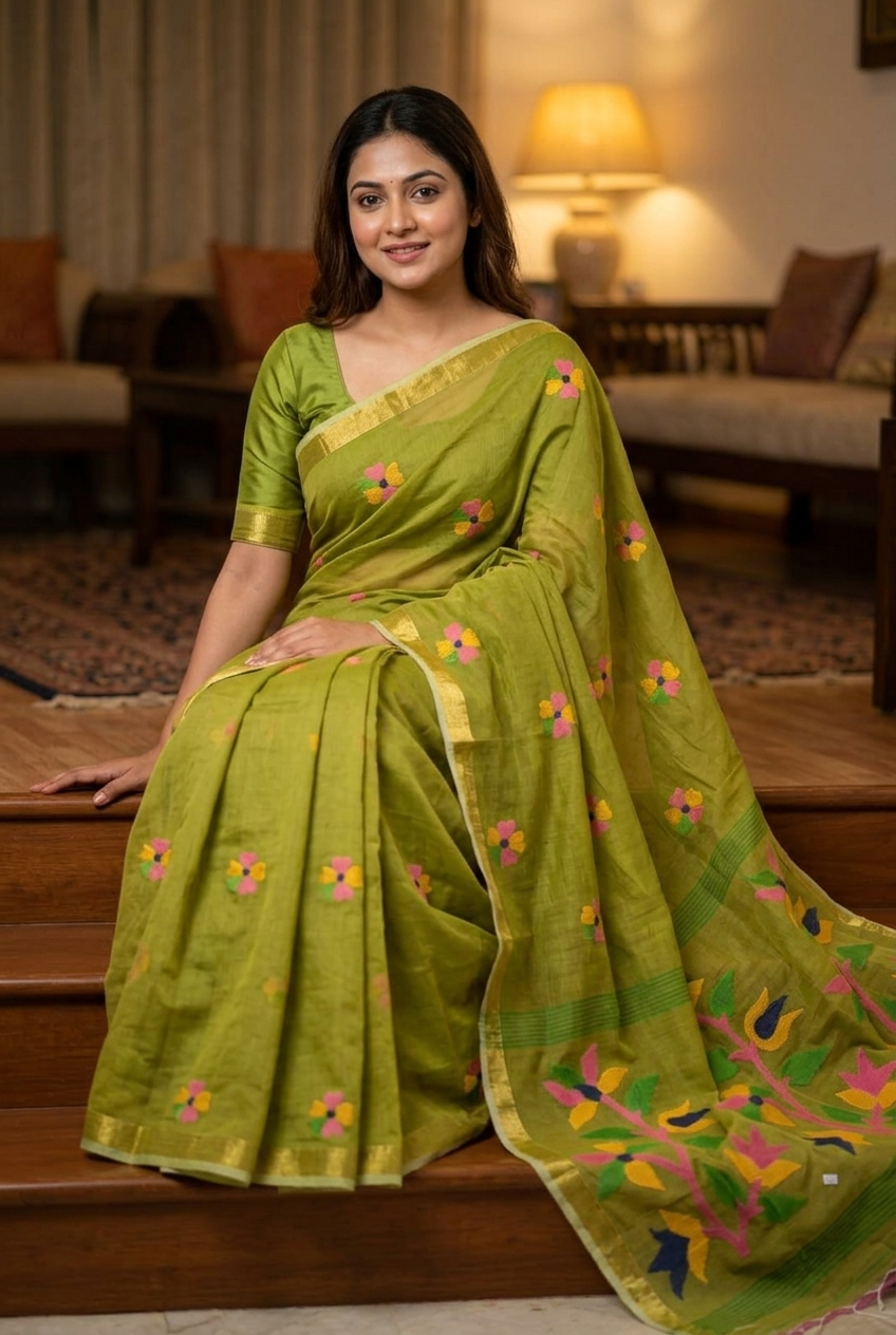 Olive Green Cotton Silk Hand Dhakai Saree
