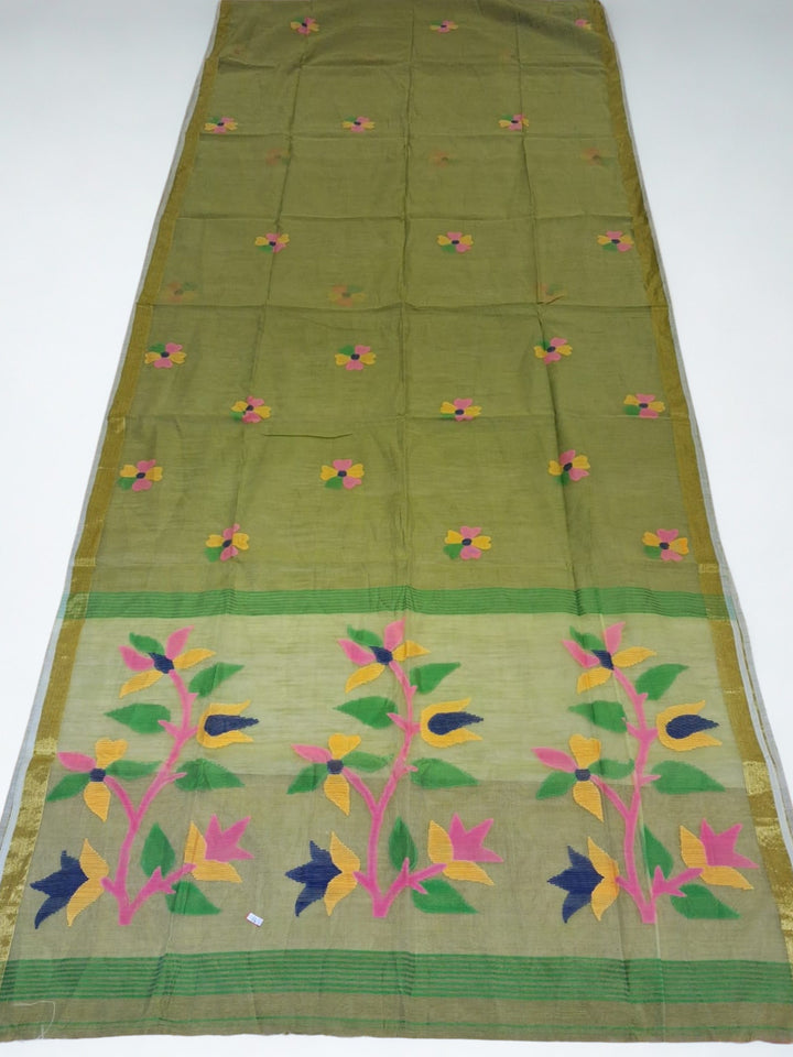 Olive Green Cotton Silk Hand Dhakai Saree
