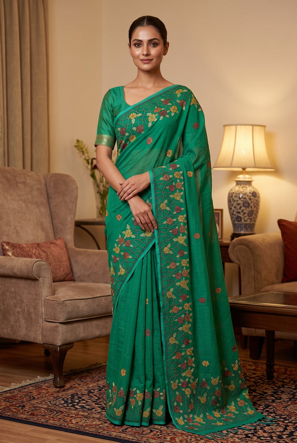 Sea Green Cotton Kantha Saree
