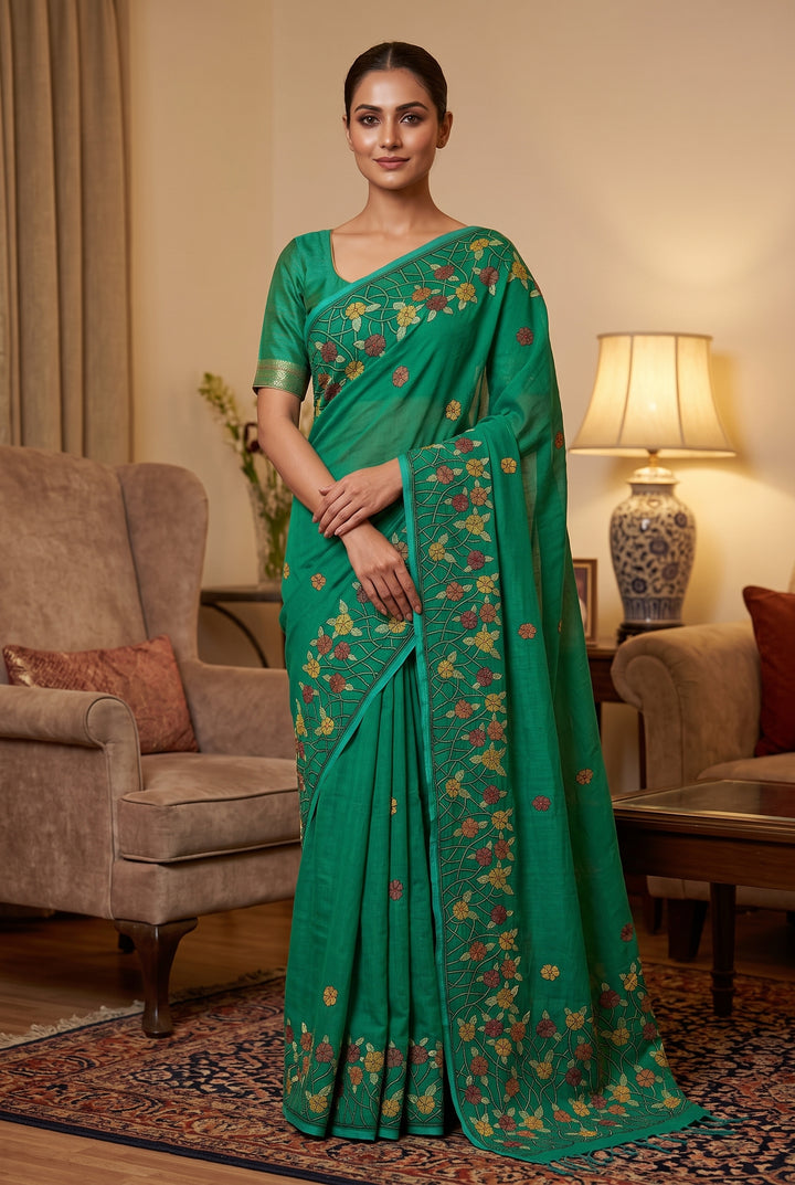Sea Green Cotton Kantha Saree