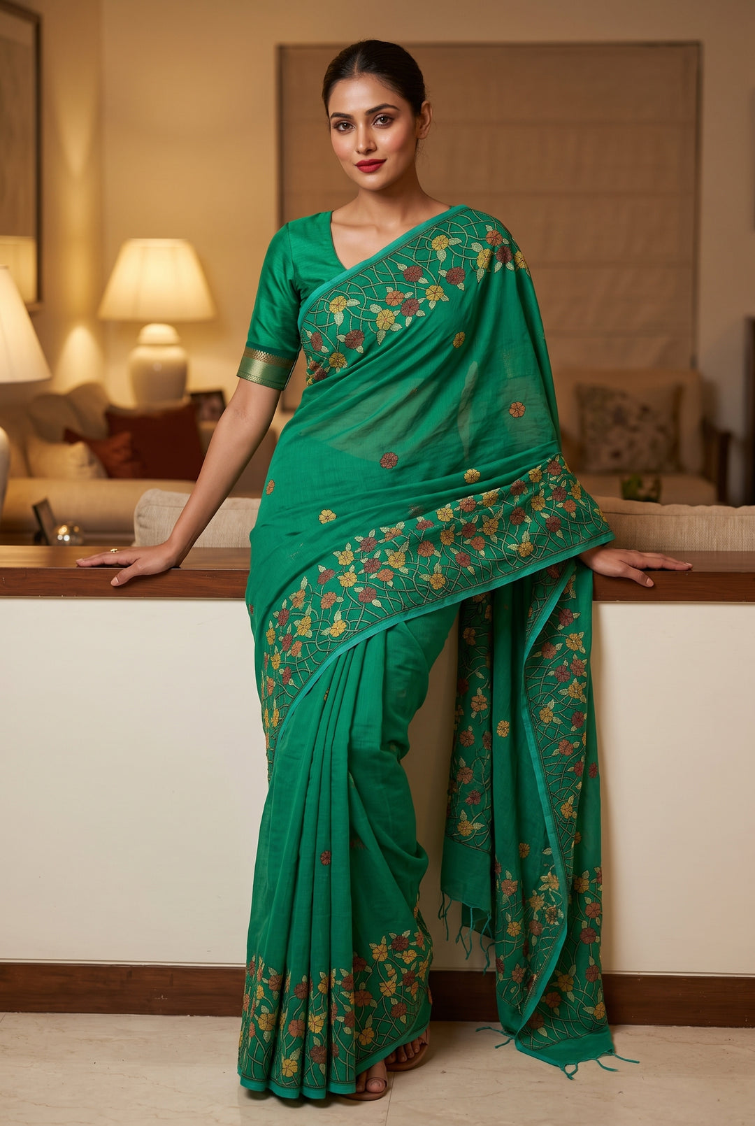 Sea Green Cotton Kantha Saree