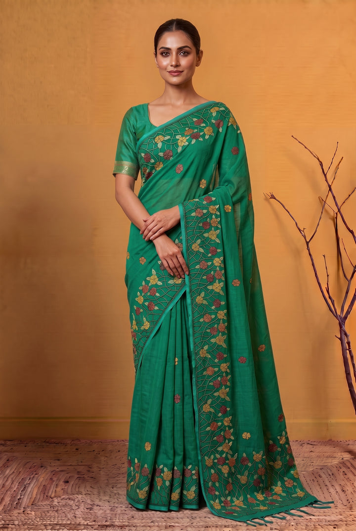 Sea Green Cotton Kantha Saree