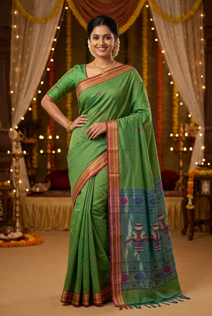 Olive Green Cotton Dhakai Saree