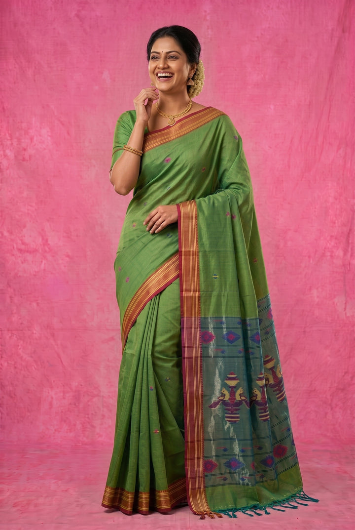 Olive green cotton jamdani saree