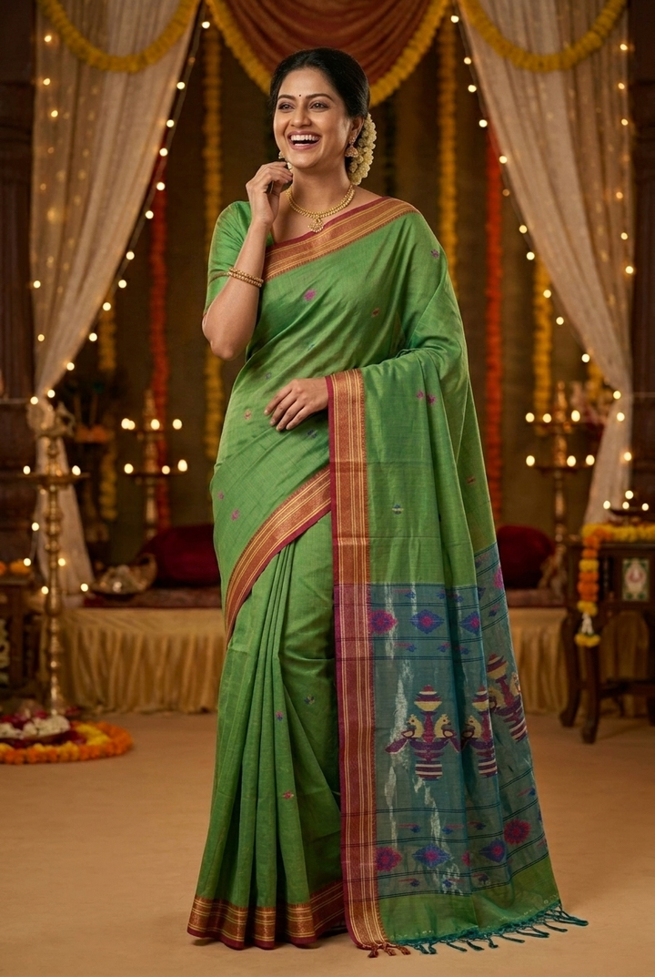 Olive Green Cotton Dhakai Saree