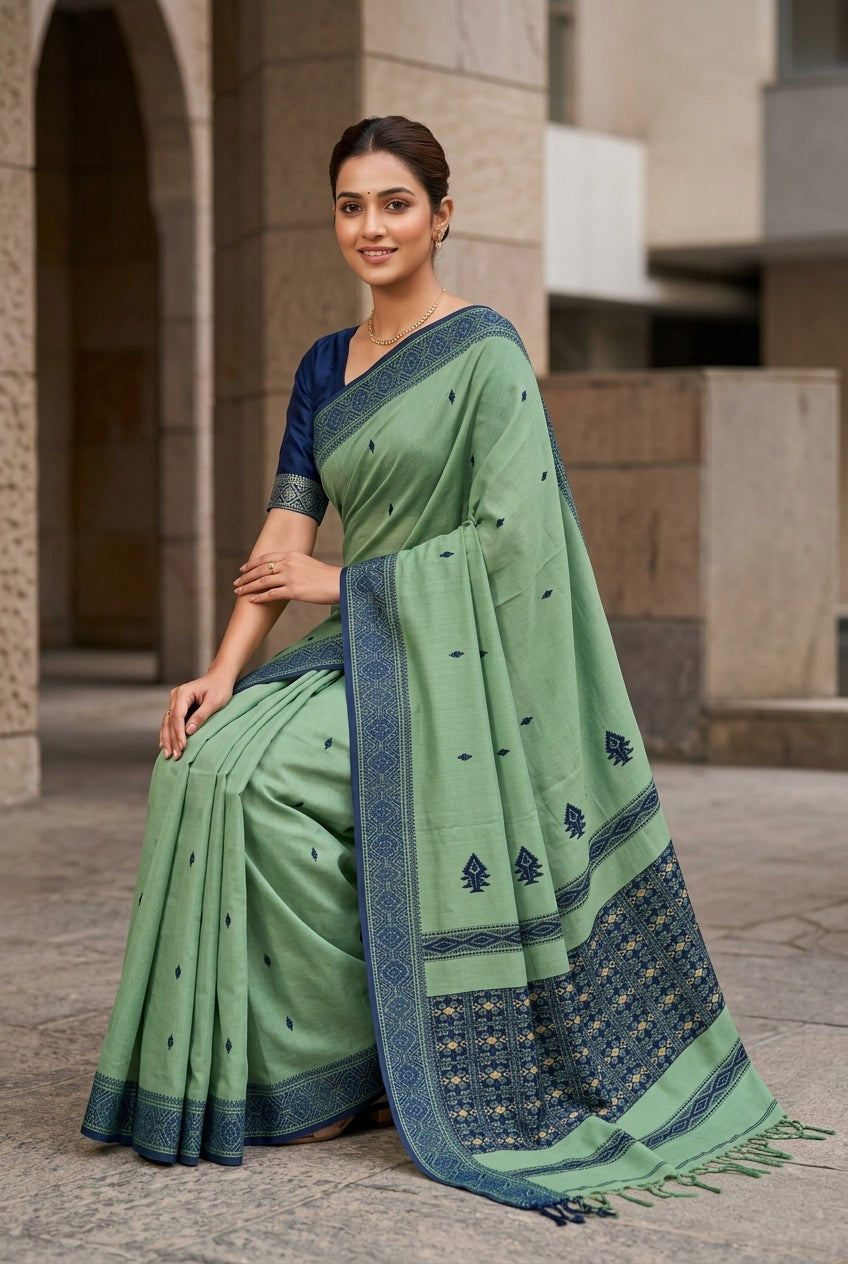 Sage Green Cotton Dhakai Saree