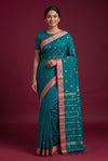 Teal Green Cotton Saree with Golden Zari Border
