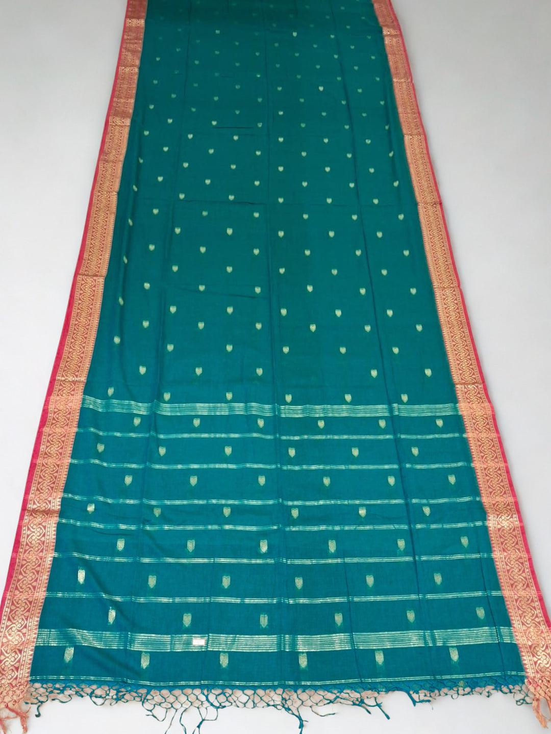 Teal Green Cotton Saree with Golden Zari Border