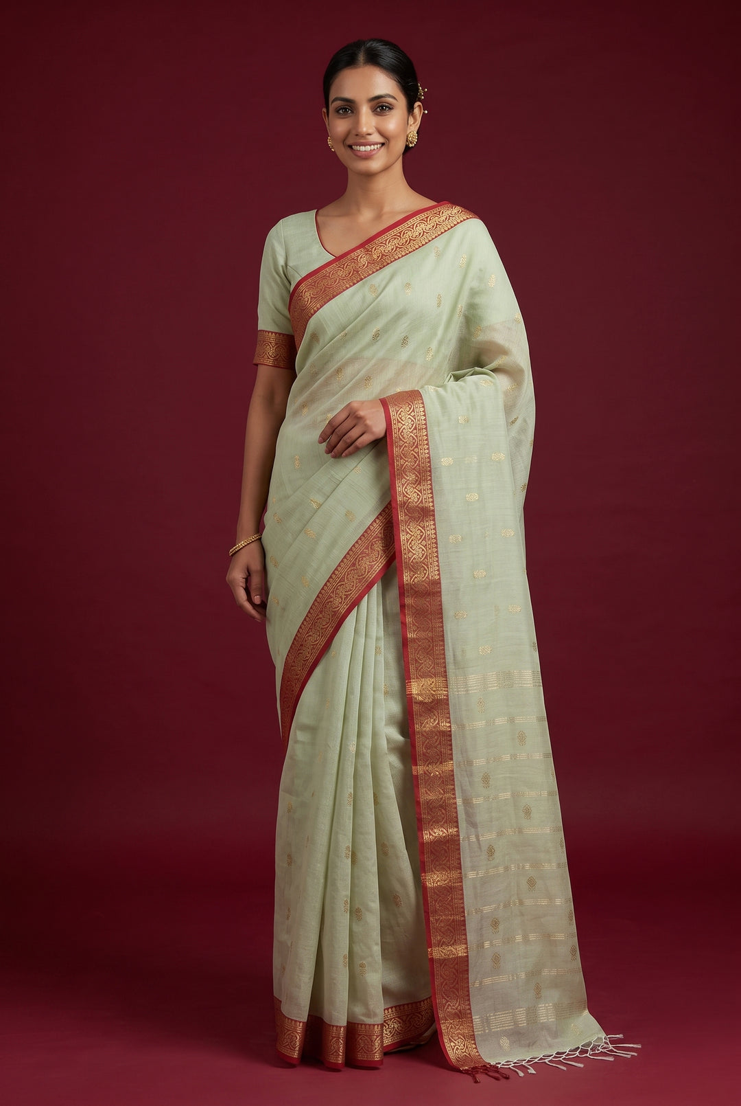 Mint Green Cotton Saree with Golden Zari Border