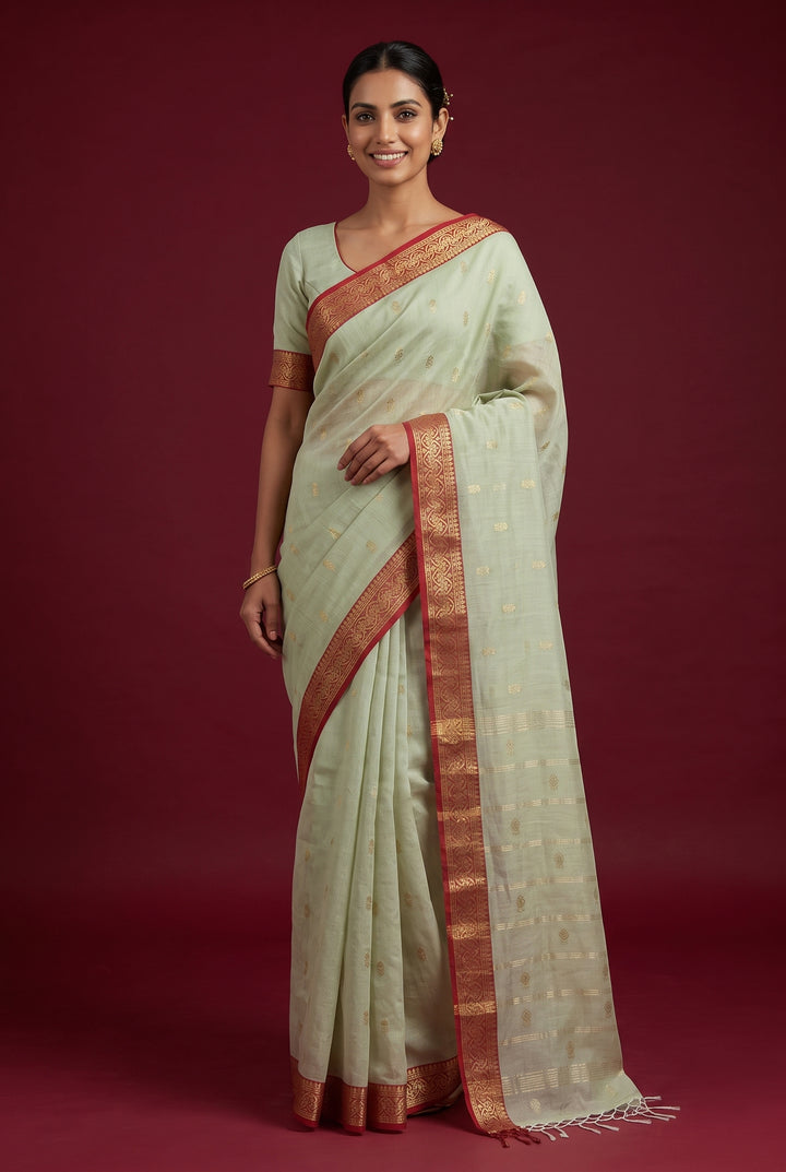 Mint Green Cotton Saree with Golden Zari Border