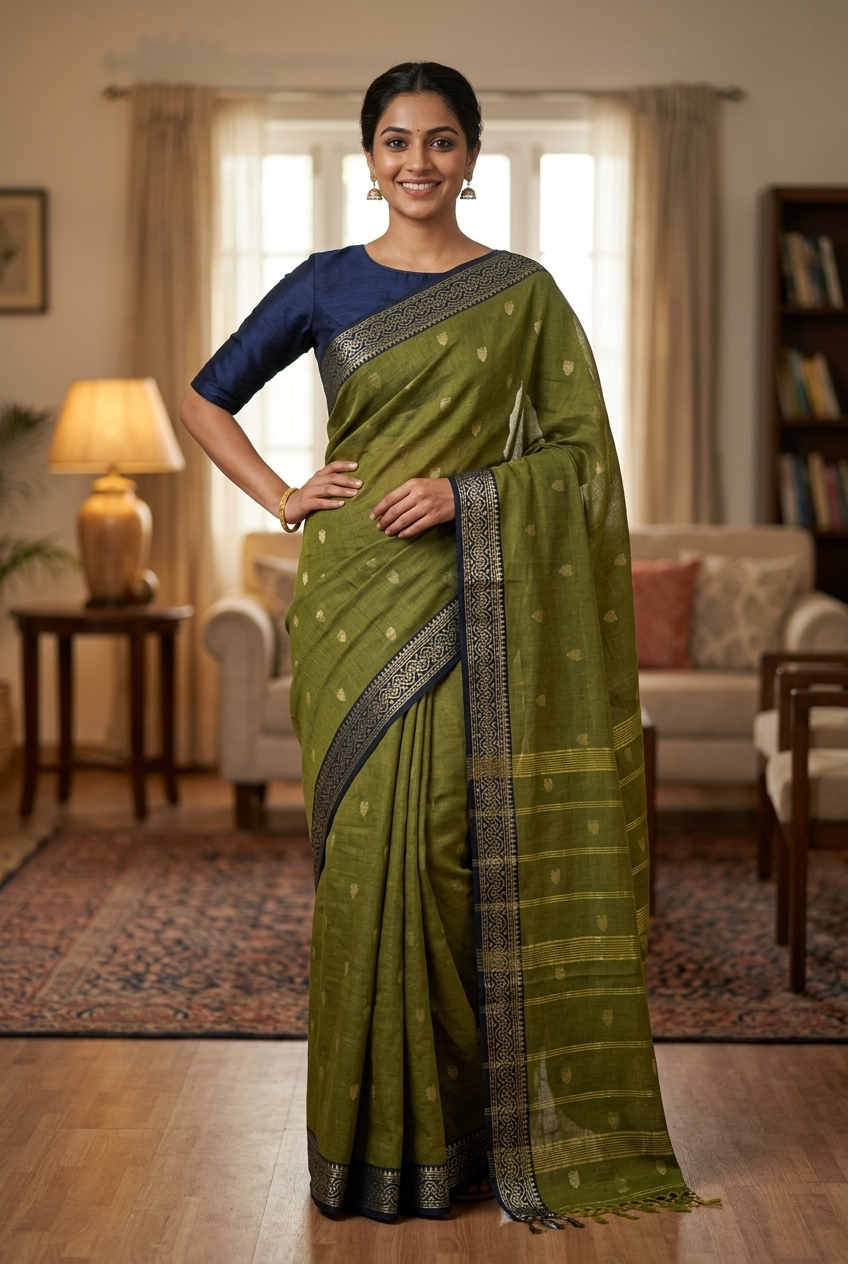 Olive Green Cotton Saree with Zari Border