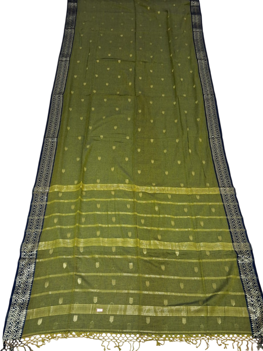 Olive Green Cotton Saree with Zari Border