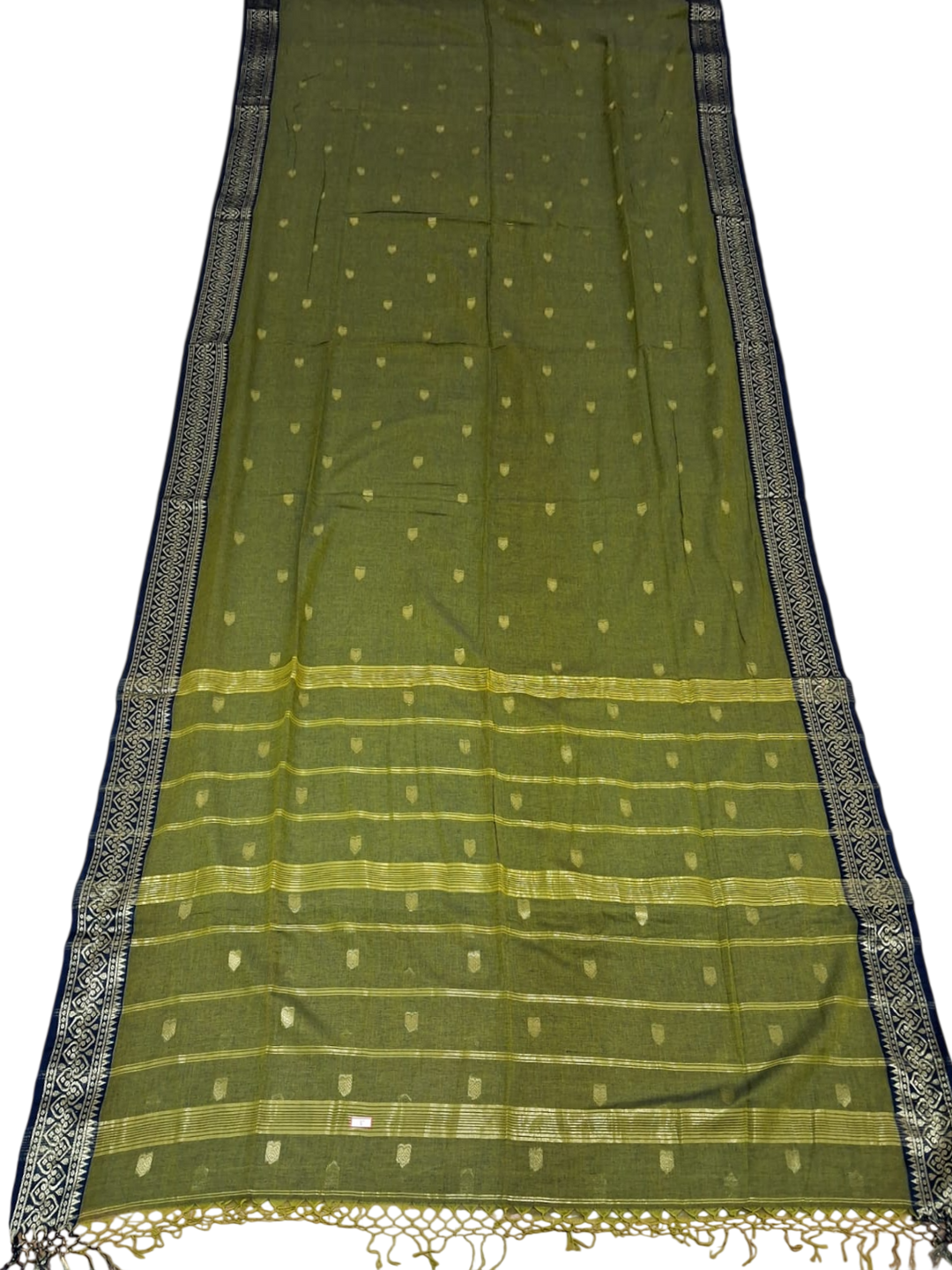 Olive Green Cotton Saree with Zari Border
