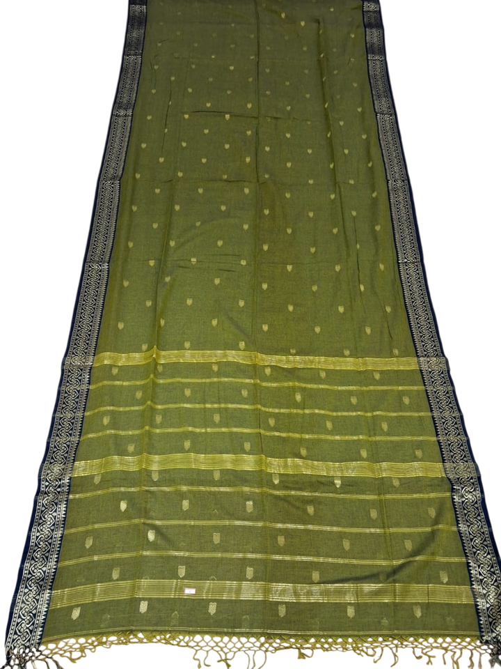 Olive Green Cotton Saree with Zari Border