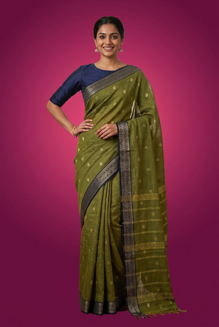 Olive Green Cotton Saree with Zari Border