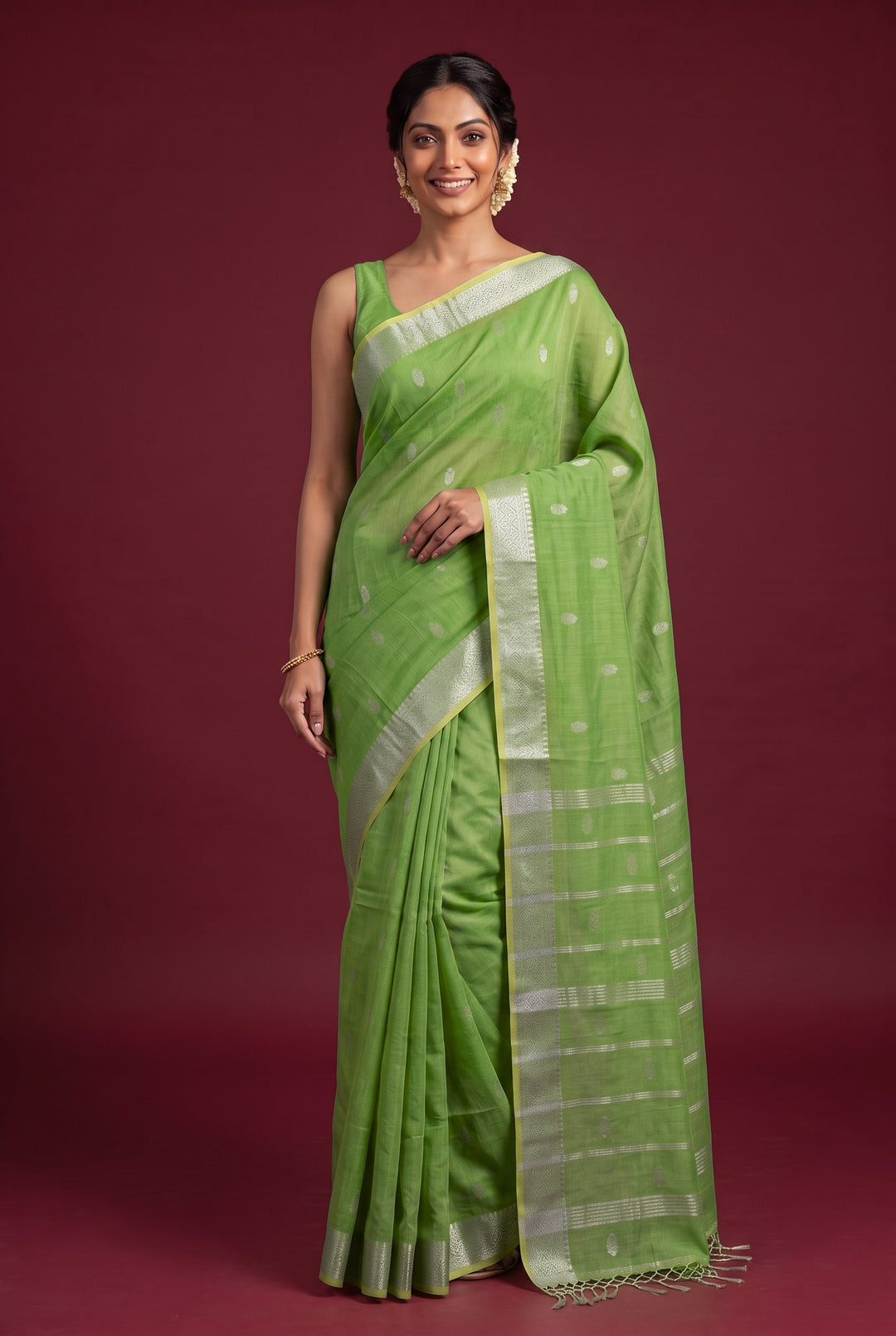 Leaf Green Cotton Saree with Zari Border