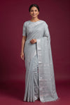 Seafoam Grey Cotton Saree with Silver Zari