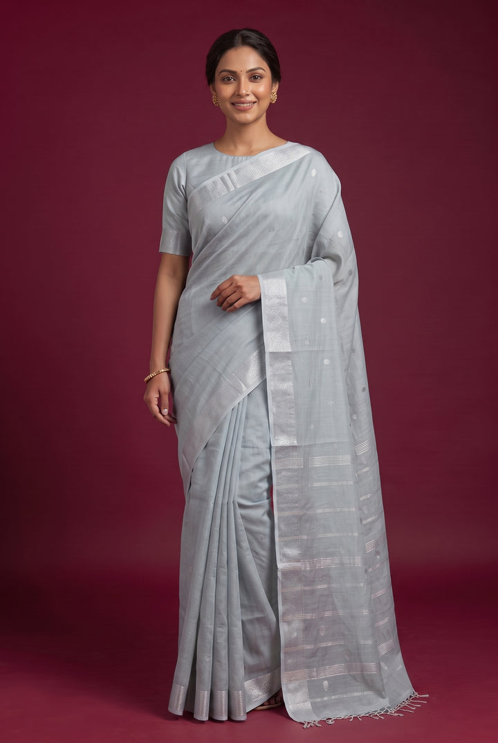 Seafoam Grey Cotton Saree with Silver Zari
