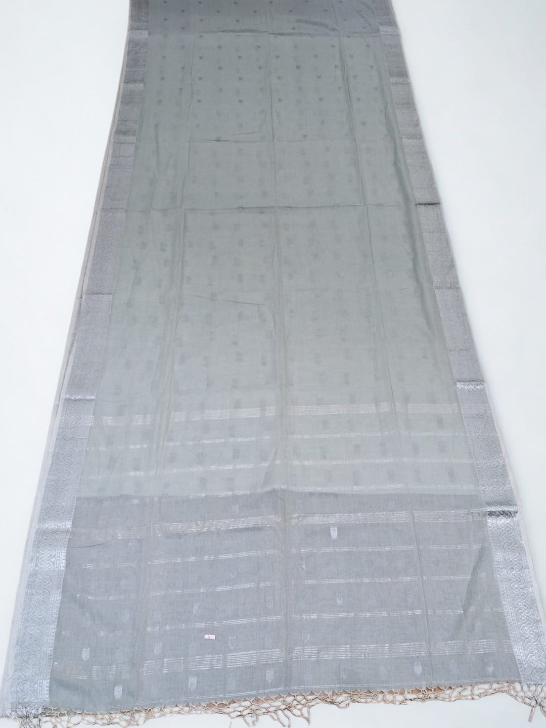 Seafoam Grey Cotton Saree with Silver Zari