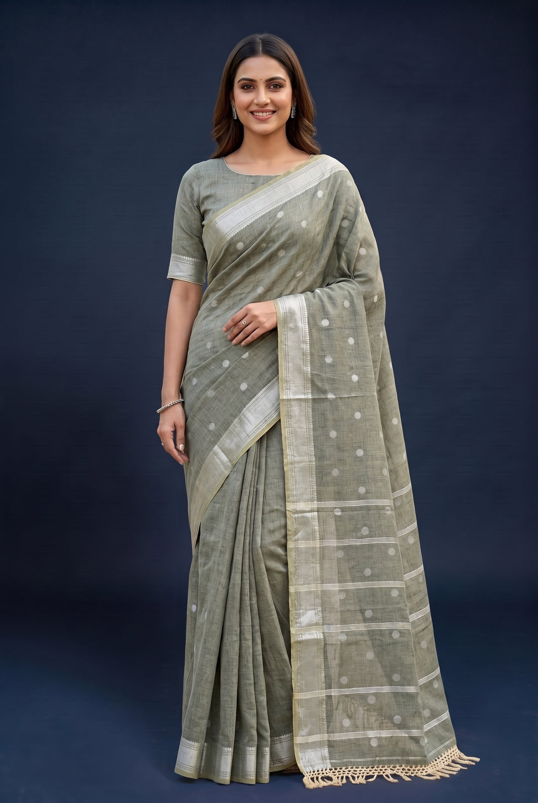 Charcoal Grey Cotton Saree with Zari Border