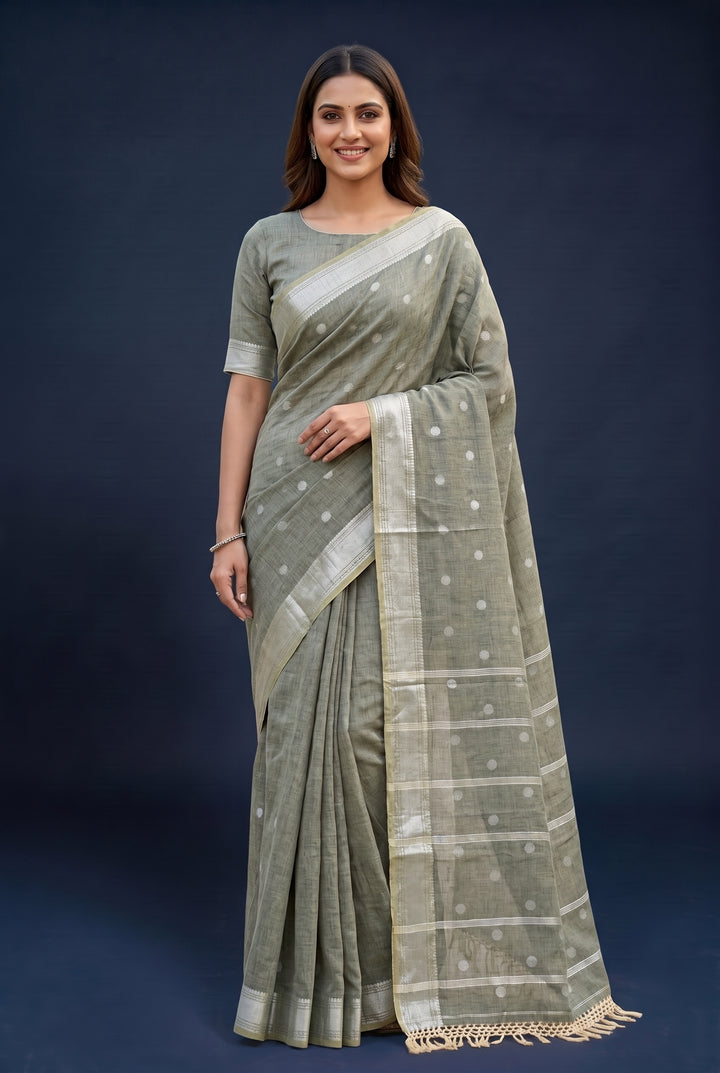 Charcoal Grey Cotton Saree with Zari Border