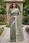 Charcoal Grey Cotton Saree with Zari Border