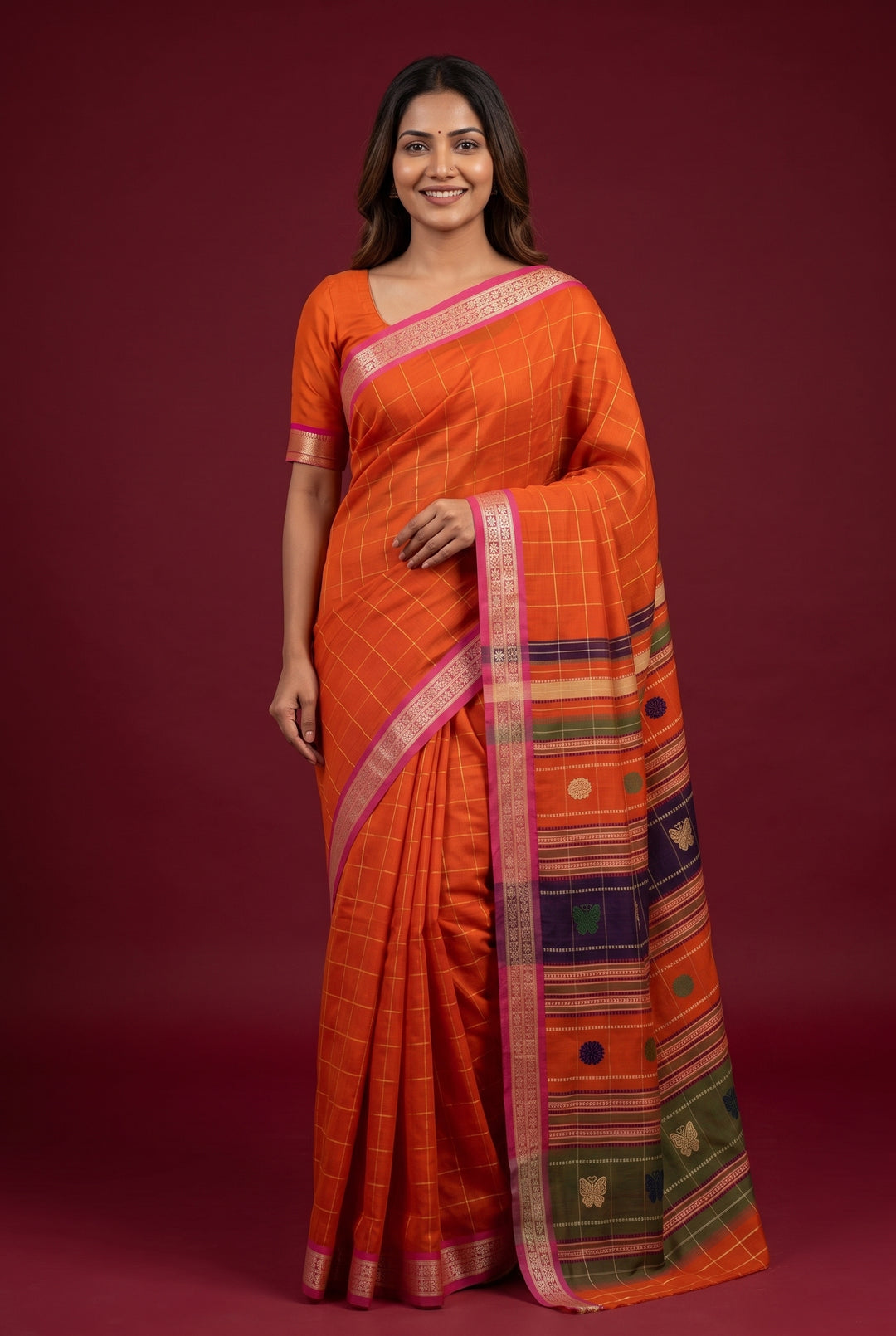 Orange Checks Cotton Silk Saree
