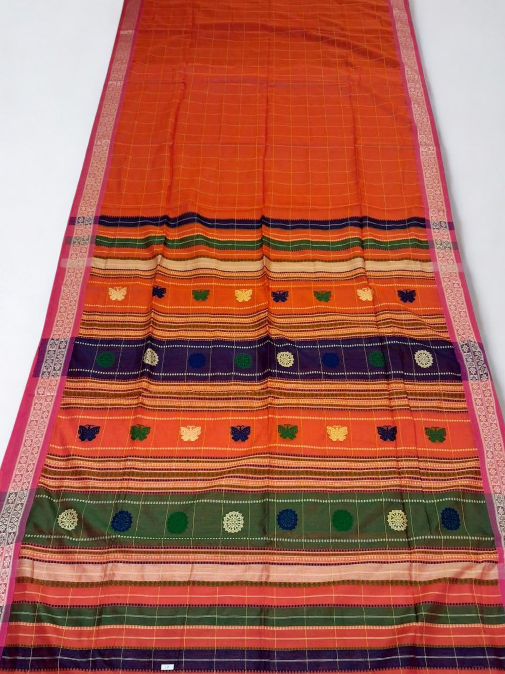 Orange Checks Cotton Silk Saree