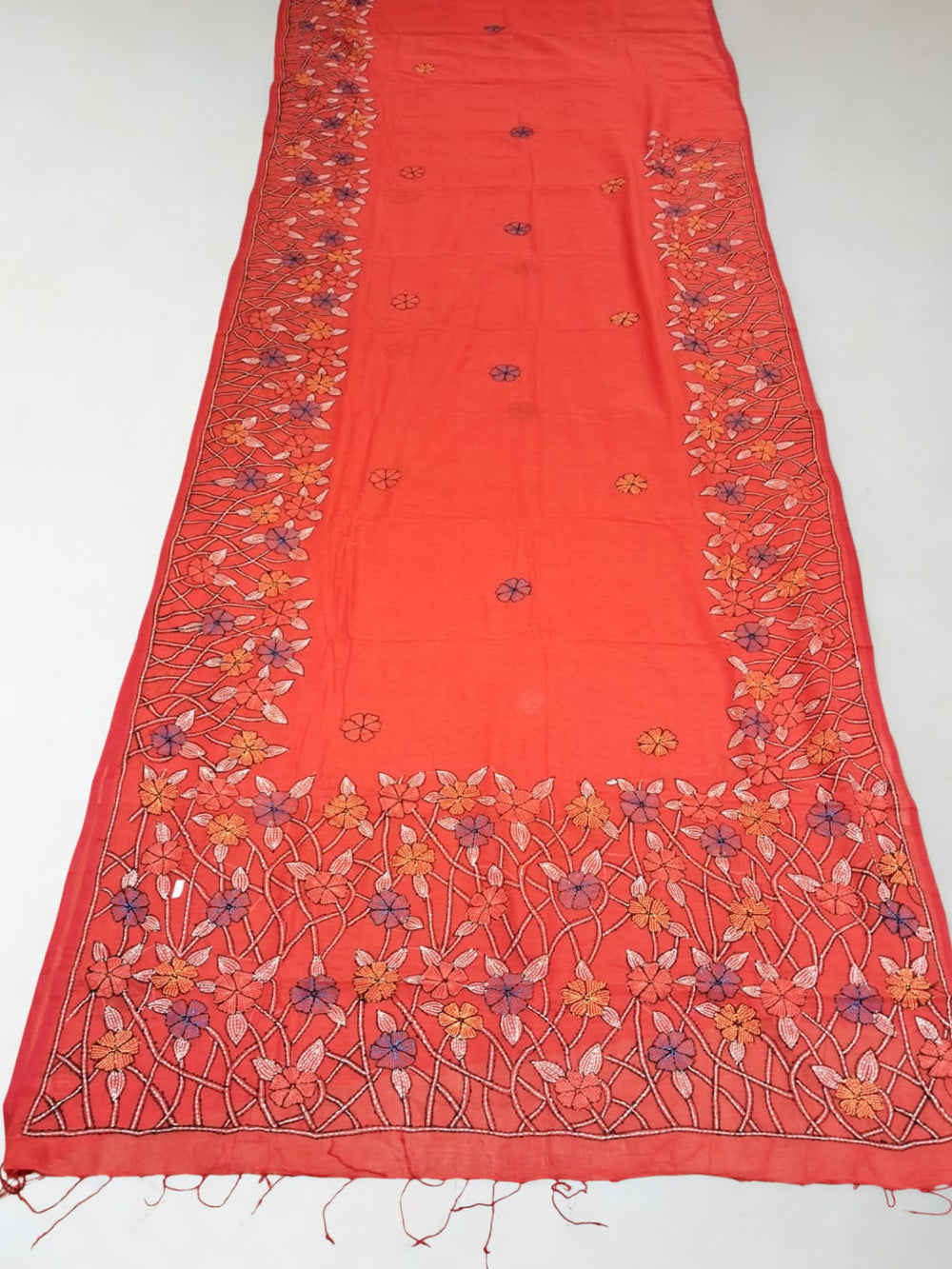 Orange Cotton Kantha Tree Embroidery Saree