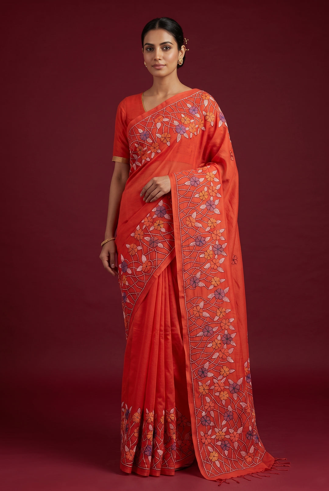 Orange Cotton Kantha Tree Embroidery Saree