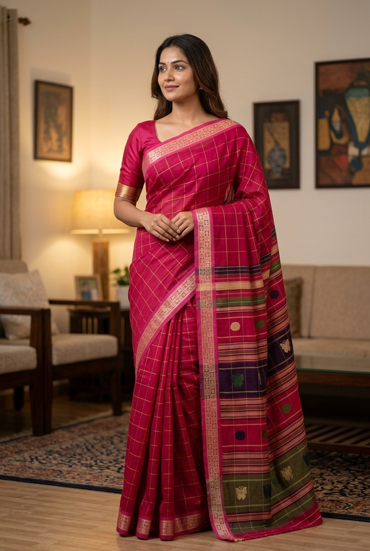 Pink Checks Cotton Silk Saree
