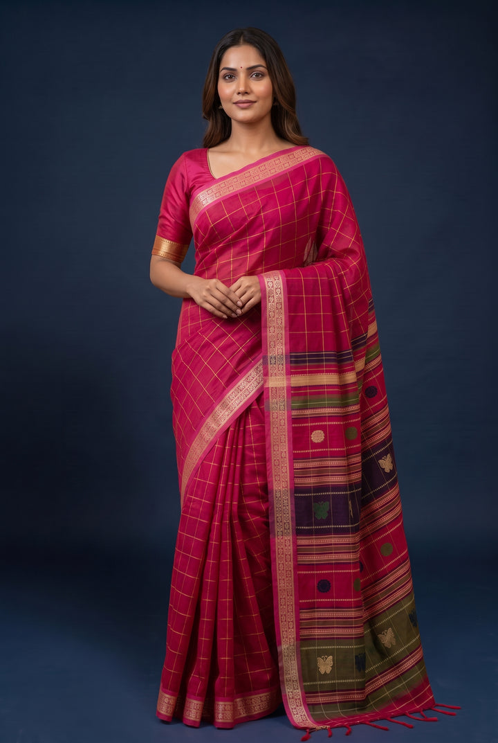 Pink Checks Cotton Silk Saree