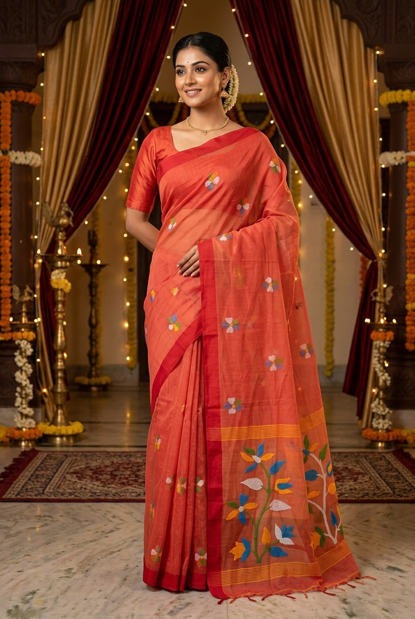 Peach cotton silk hand dhakai saree