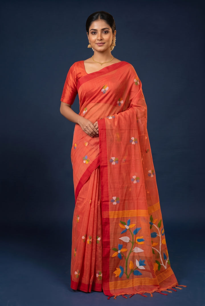 Peach Cotton Silk Jamdani