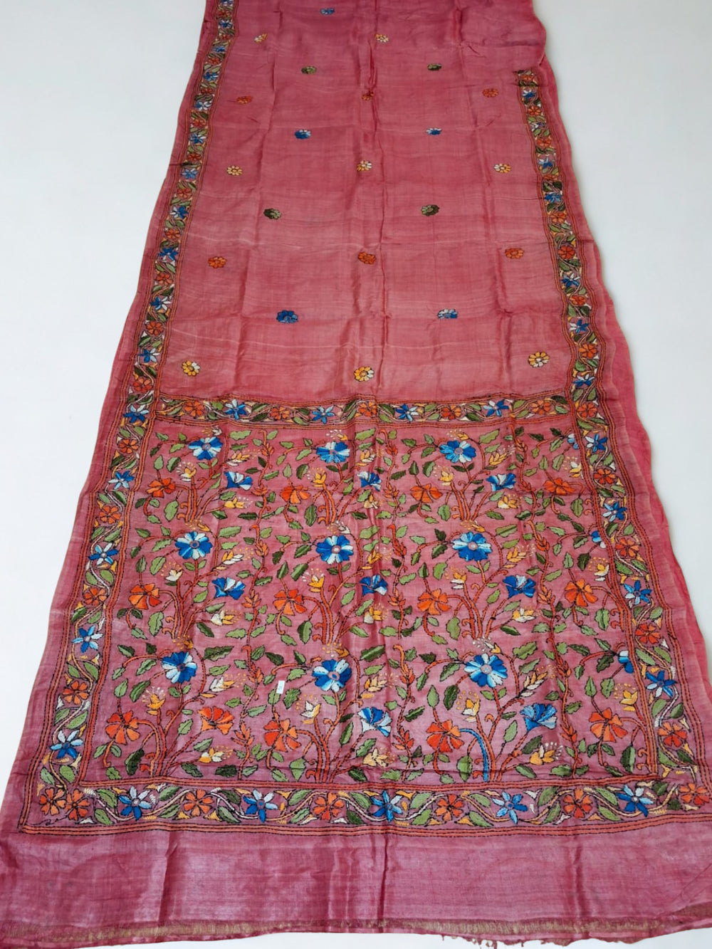 Peach Pure Ttussar Saree with Hand Kantha