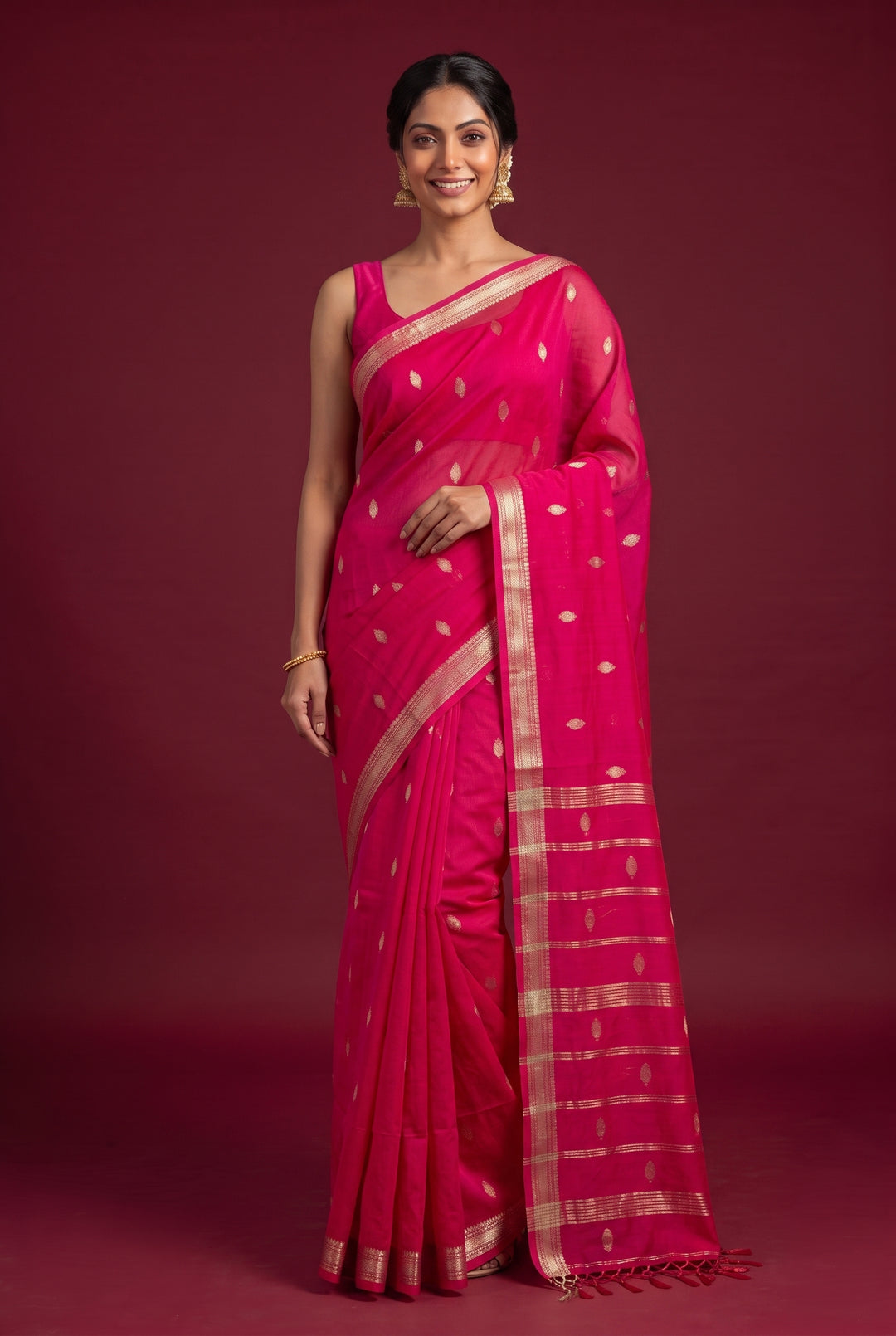 Pink cotton dhakai saree with zari border
