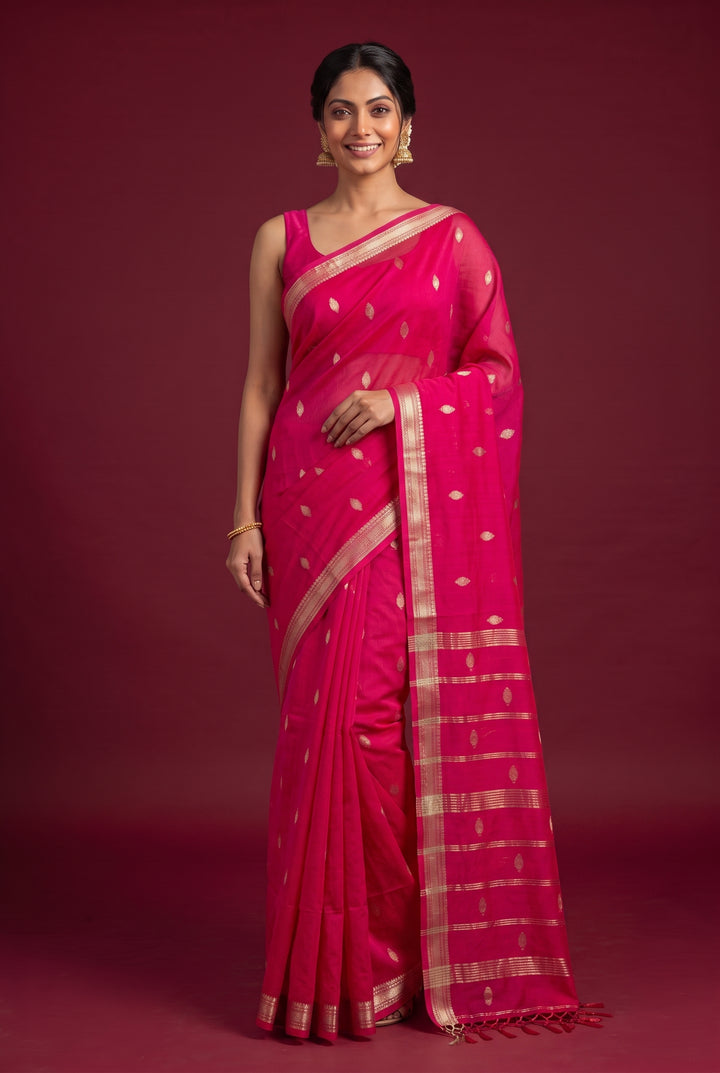 Pink cotton dhakai saree with zari border