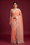 Peach Cotton Saree with Silver Zari Border