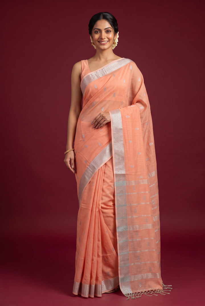 Peach Cotton Saree with Silver Zari Border