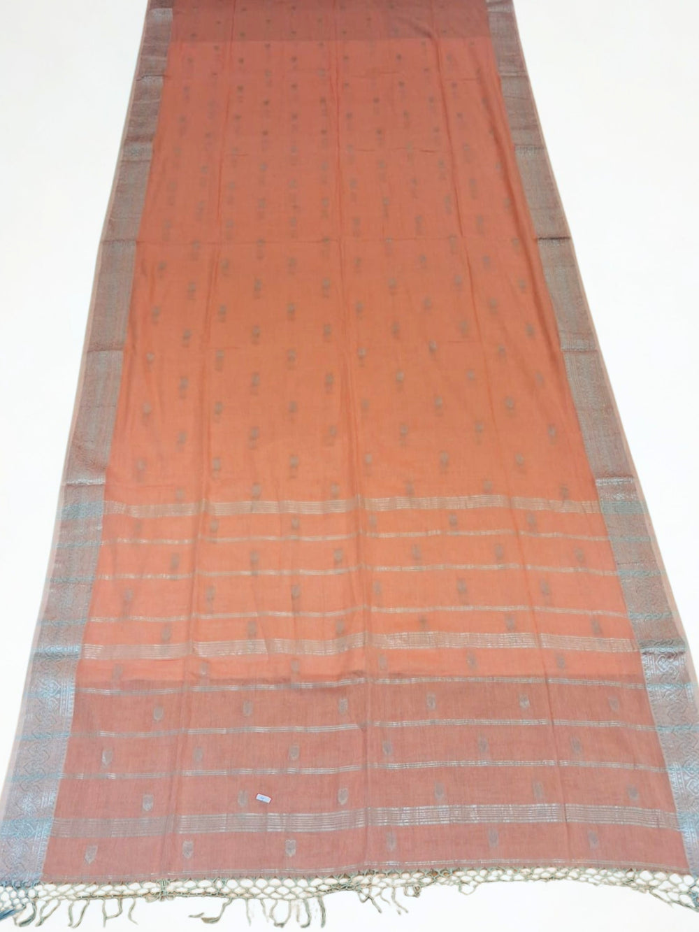 Peach Cotton Saree with Silver Zari Border