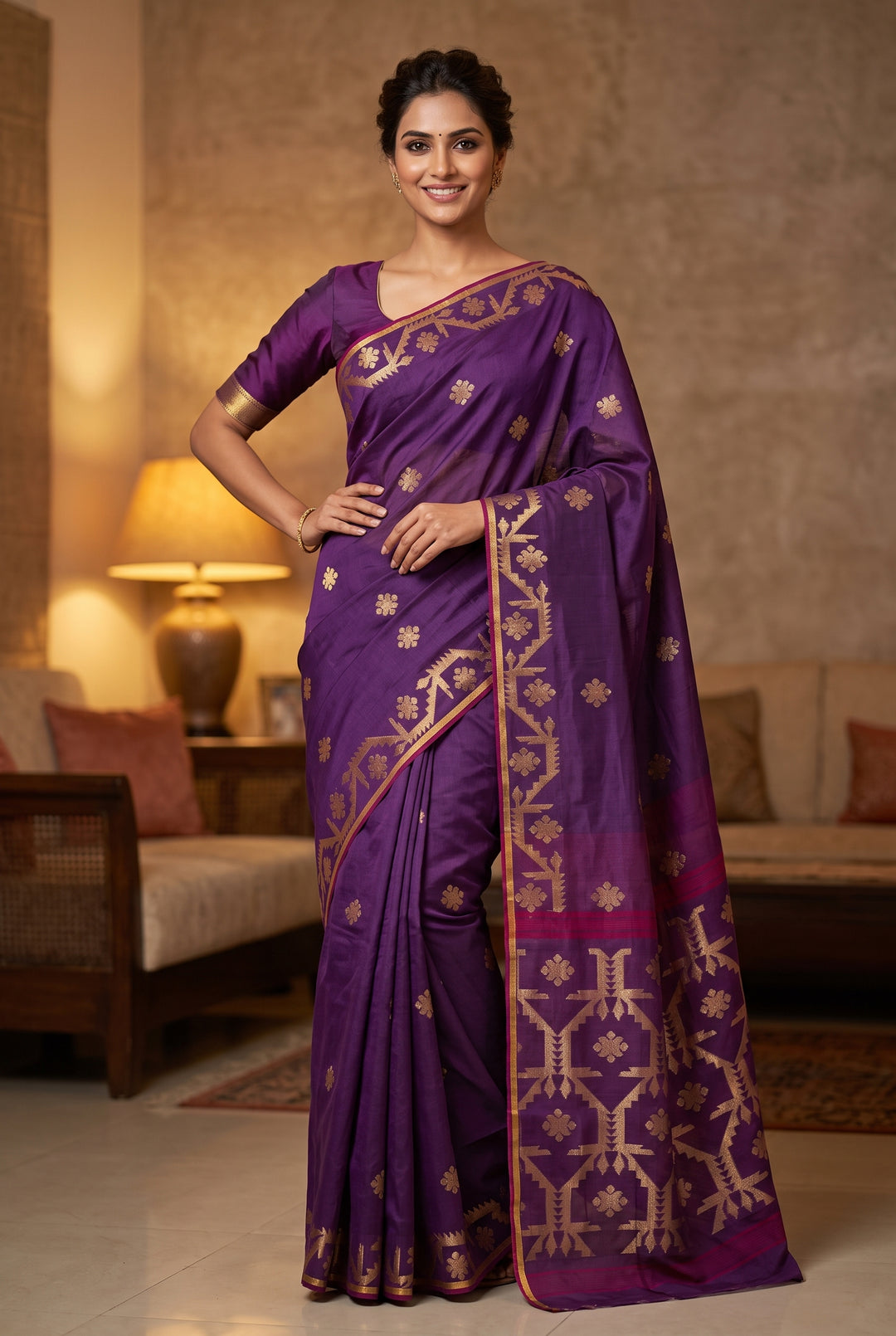 Purple Cotton Silk Dhakai Saree
