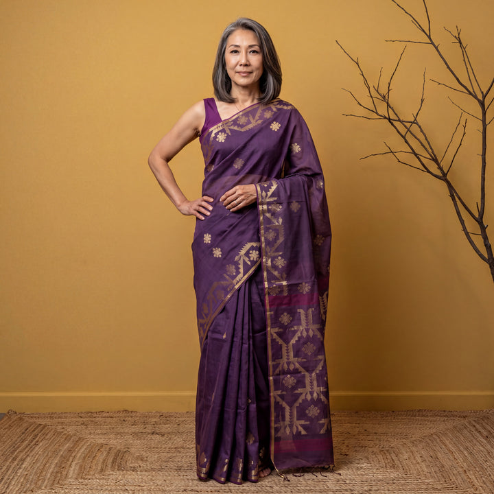 Purple cotton silk dhakai saree