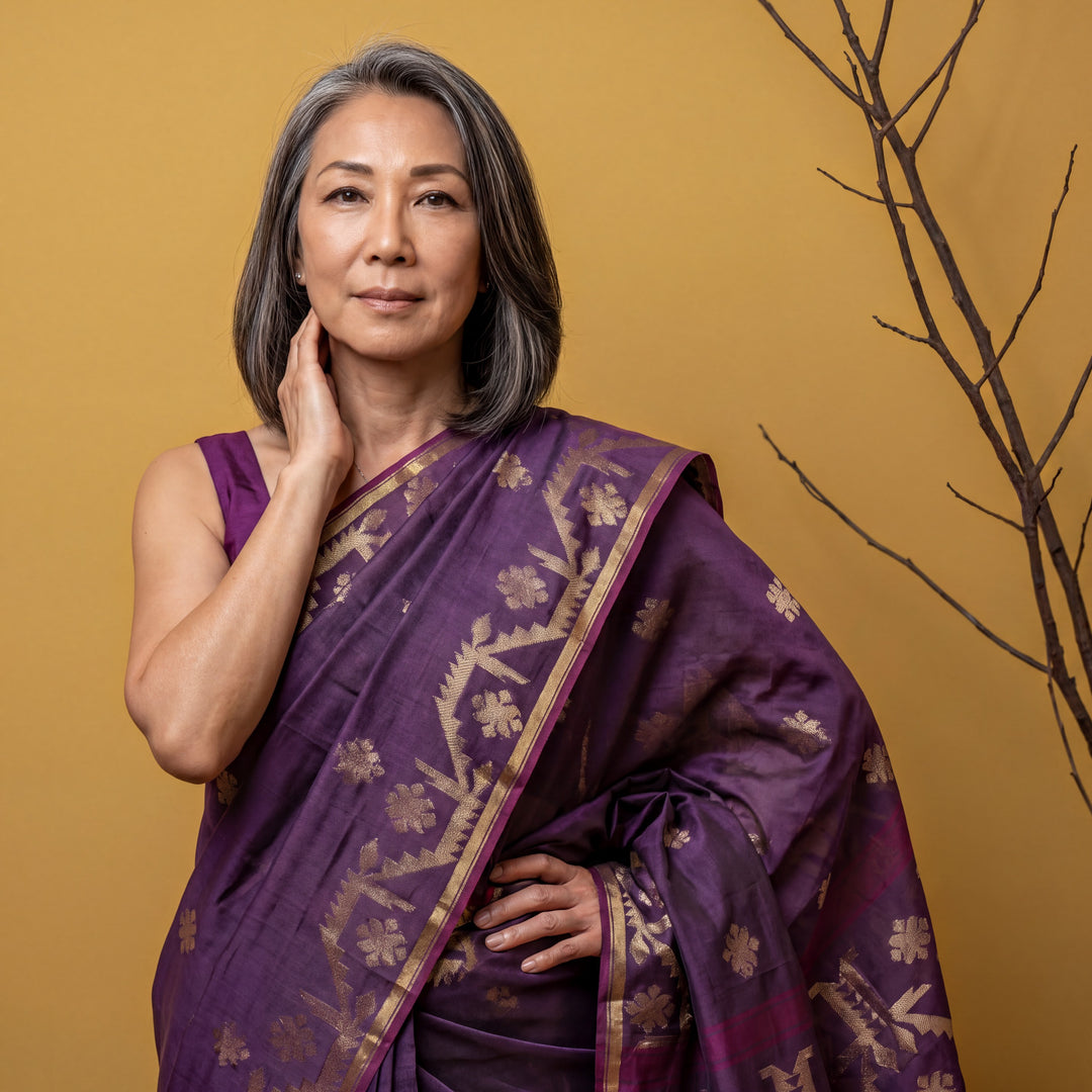 Purple cotton silk dhakai saree