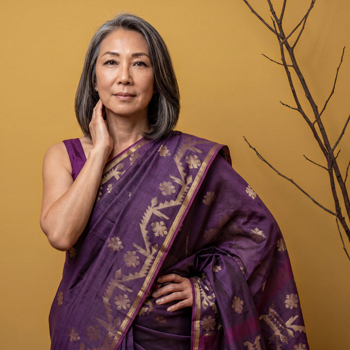Purple cotton silk dhakai saree