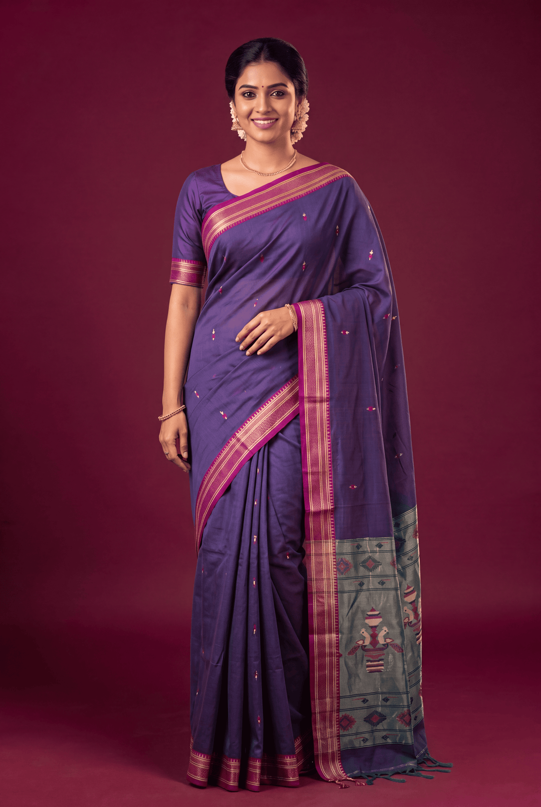 Purple Cotton Jamdani Saree with Zari Border